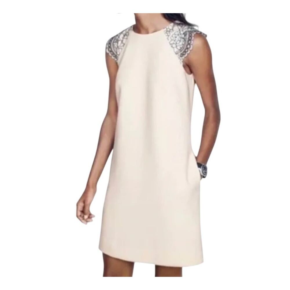 J. Crew Cream Black Lace Cap Sleeve Sheath Above Knee Length Chic Classy Dress